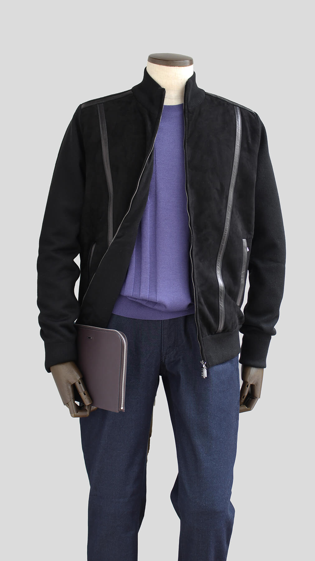 三種の黒で魅せる。 ZILLI ニット＆レザーブルゾン ZILLI leather 