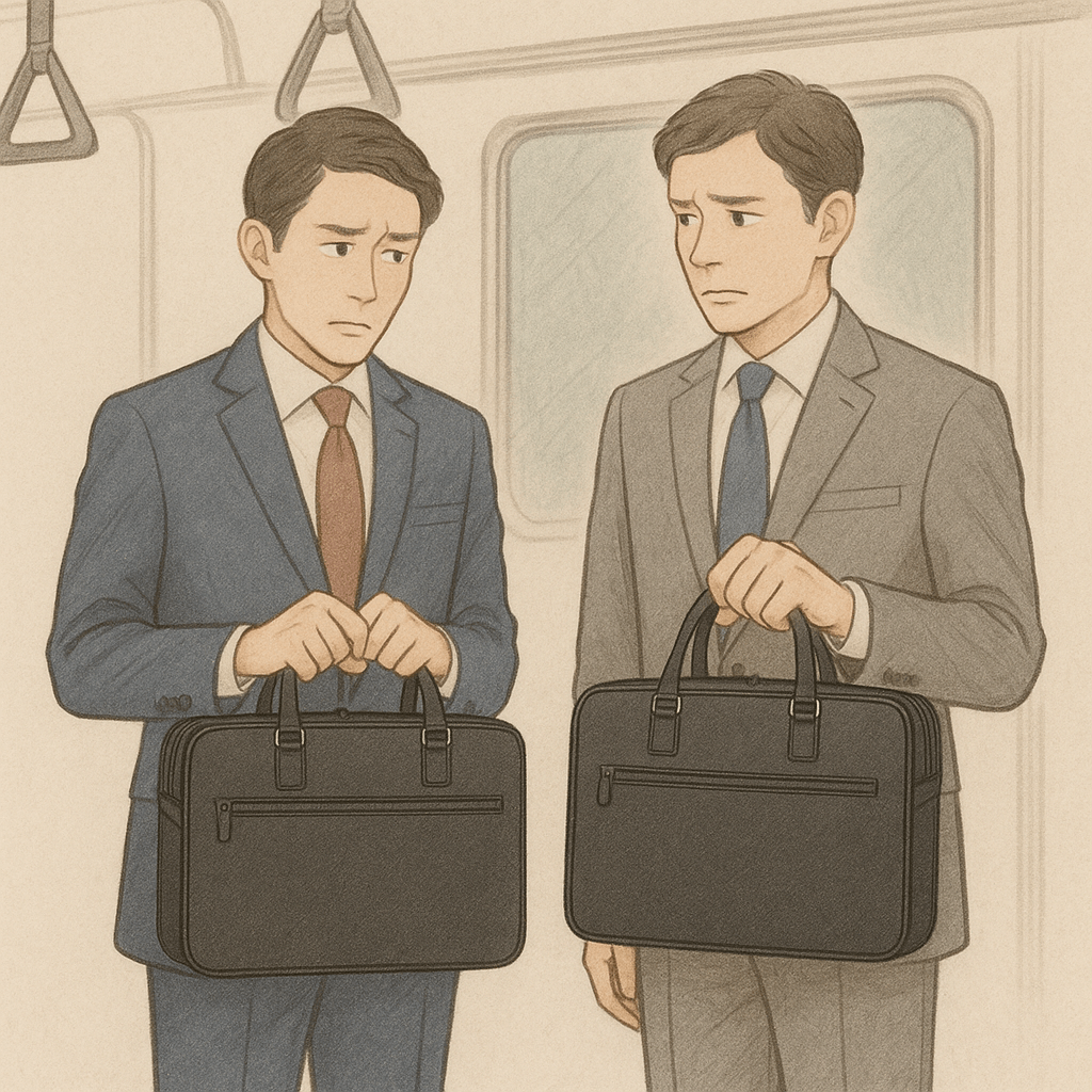 二人のビジネスマンが電車の中で同じ黒いビジネスバッグを持ちながら困惑している様子のイラスト