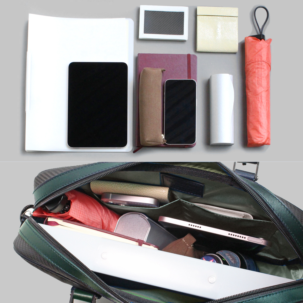 A flat lay of various items including notebooks, smartphones, and an umbrella, positioned alongside an open bag showing its interior filled with similar items, highlighting organization and storage capacity.