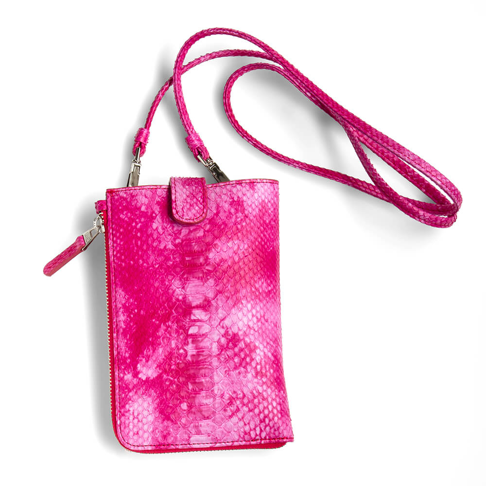 ピンクの群雲染めのヘビ革のミニスマホショルダーの写真