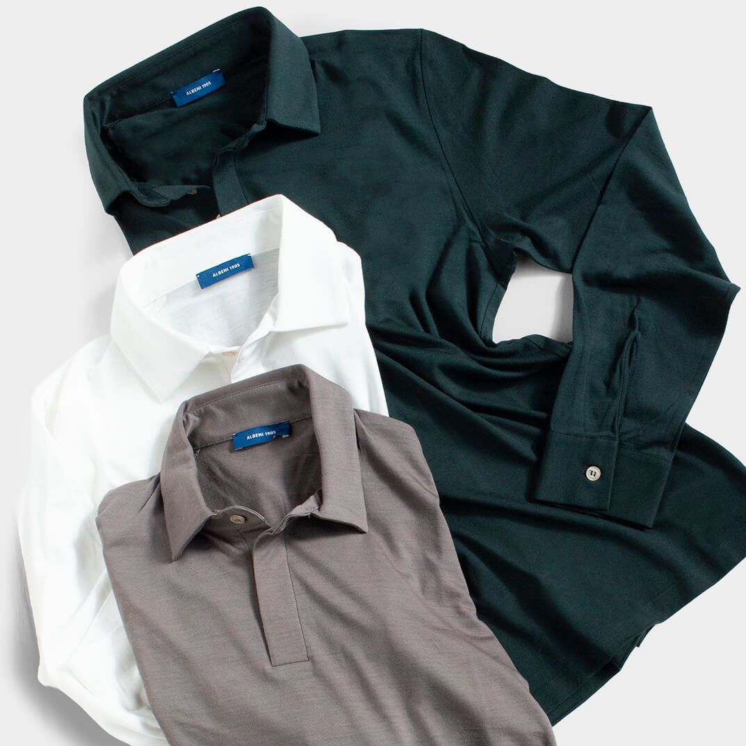 アルベニ1905社の秋冬向け長袖ウール100％ポロシャツの画像（ダークグリーン、トープ、ホワイトの3色）
