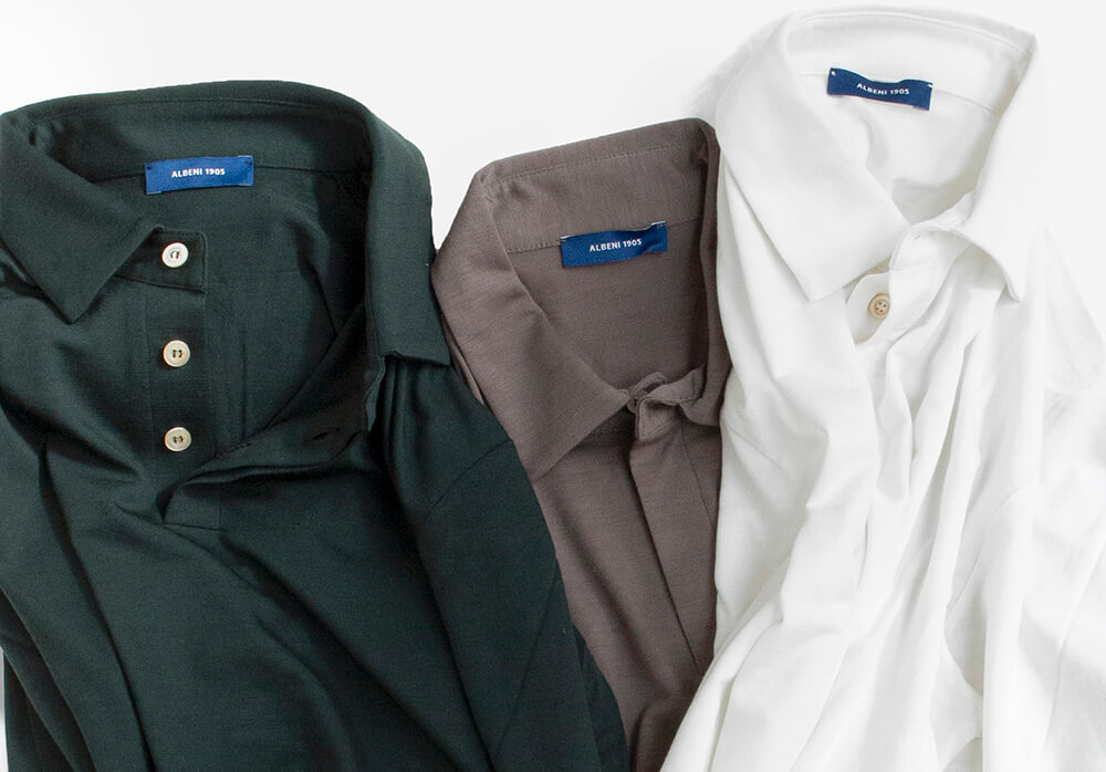 アルベニ1905社の秋冬向け長袖ウール100％ポロシャツの画像（ダークグリーン、トープ、ホワイトの3色）