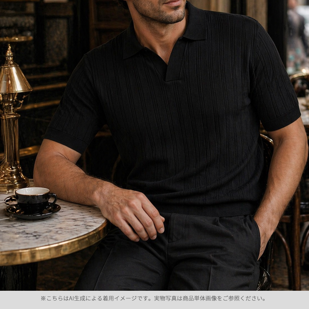 最高級メンズブランド ステファノリッチの黒い半そでポロセーターのコーディネートイメージ写真(AIで作成)