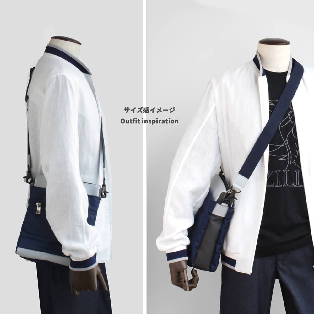 横から見たファッションコーディネートの展示。白い麻のブルゾンと黒のTシャツ、紺のショルダーバッグを持ったマネキンの側面が映っている。